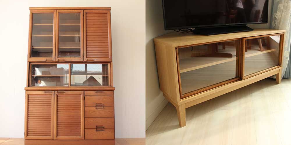 食器棚ガラス引き戸をコーナーテレビボードへリメイク 家具リメイク事例:R295 Before&after