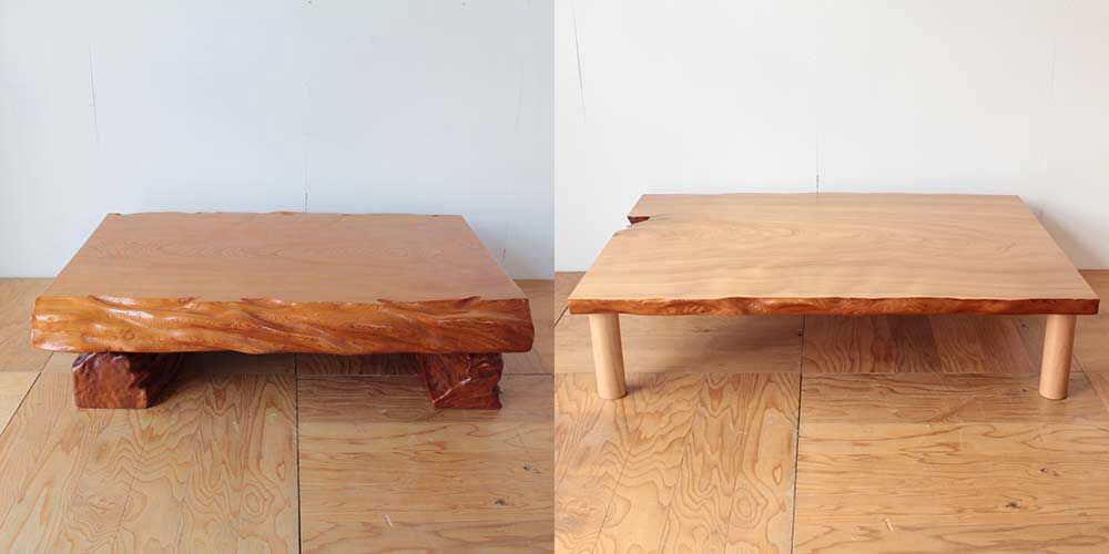 座卓の分厚い天板をスライスしてローテーブルにリメイク 家具リメイク事例:R332 Before&after